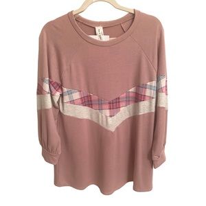 NOW N FOREVER Blush Pink Plaid Chevron Blocked Top 3/4 Sleeve Comfy Medium NEW